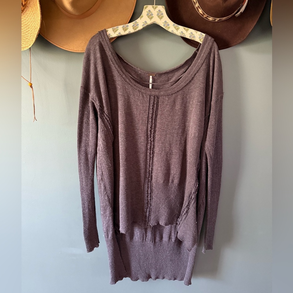 Free People Lace Road Linen Blend Pullover Sweater tunic high low sz large